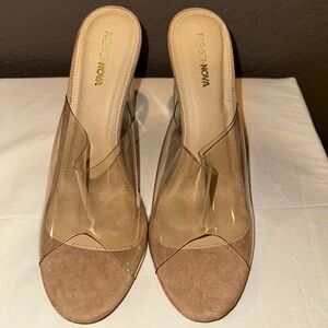 Fashion Nova Tan and Clear Mules